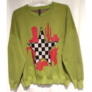 Two 2 Fly Womens L/XL Western Icon Sweater Green GraphicCowgirl Oversized Grunge